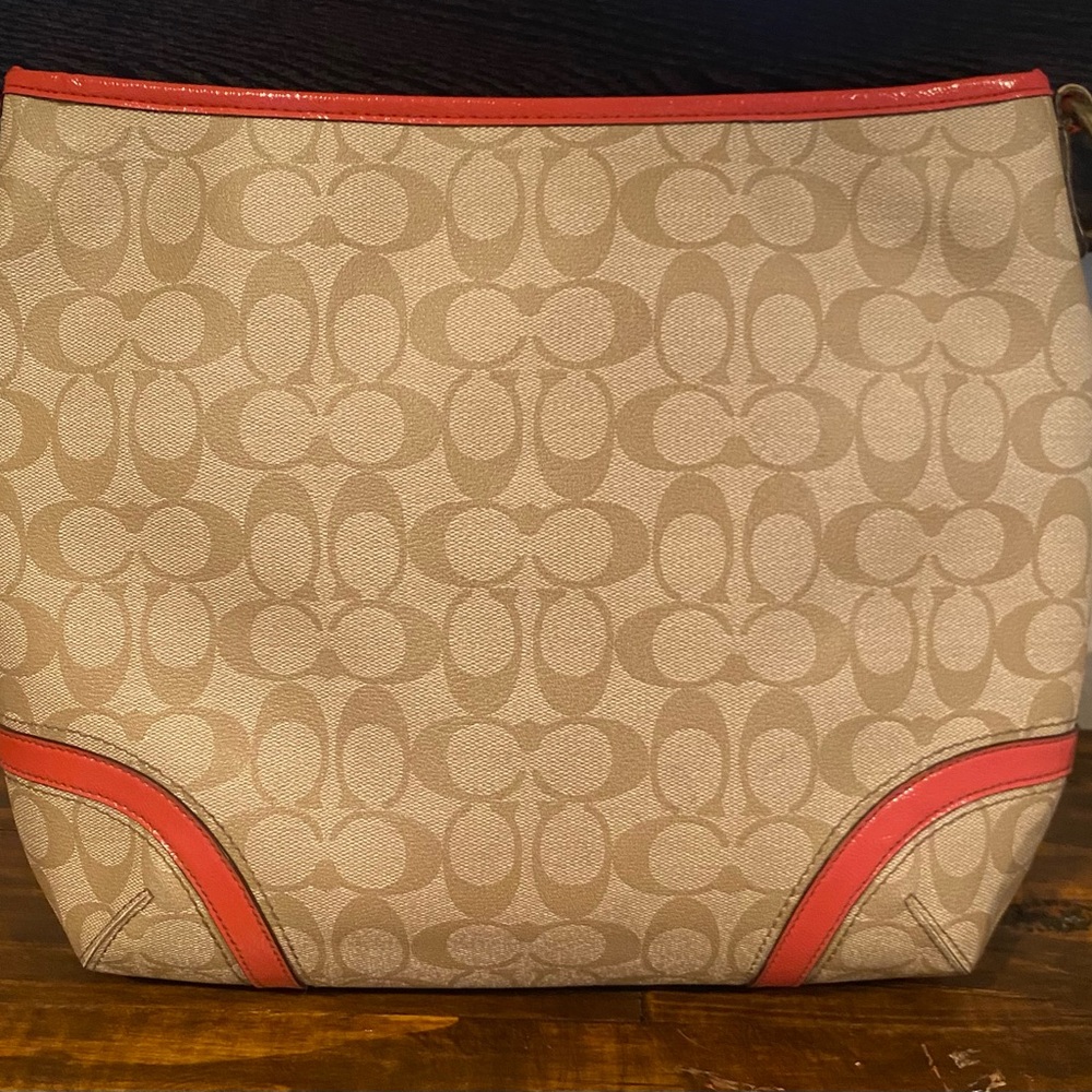 Coach Signature Canvas Shoulder Bag in Khaki with Coral Trim NO SHOULDER STRAP!! - Picture 2 of 7